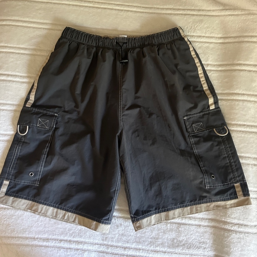 Black Tan Swim Cargo Shorts Stretch Waistband Sz L​​​
